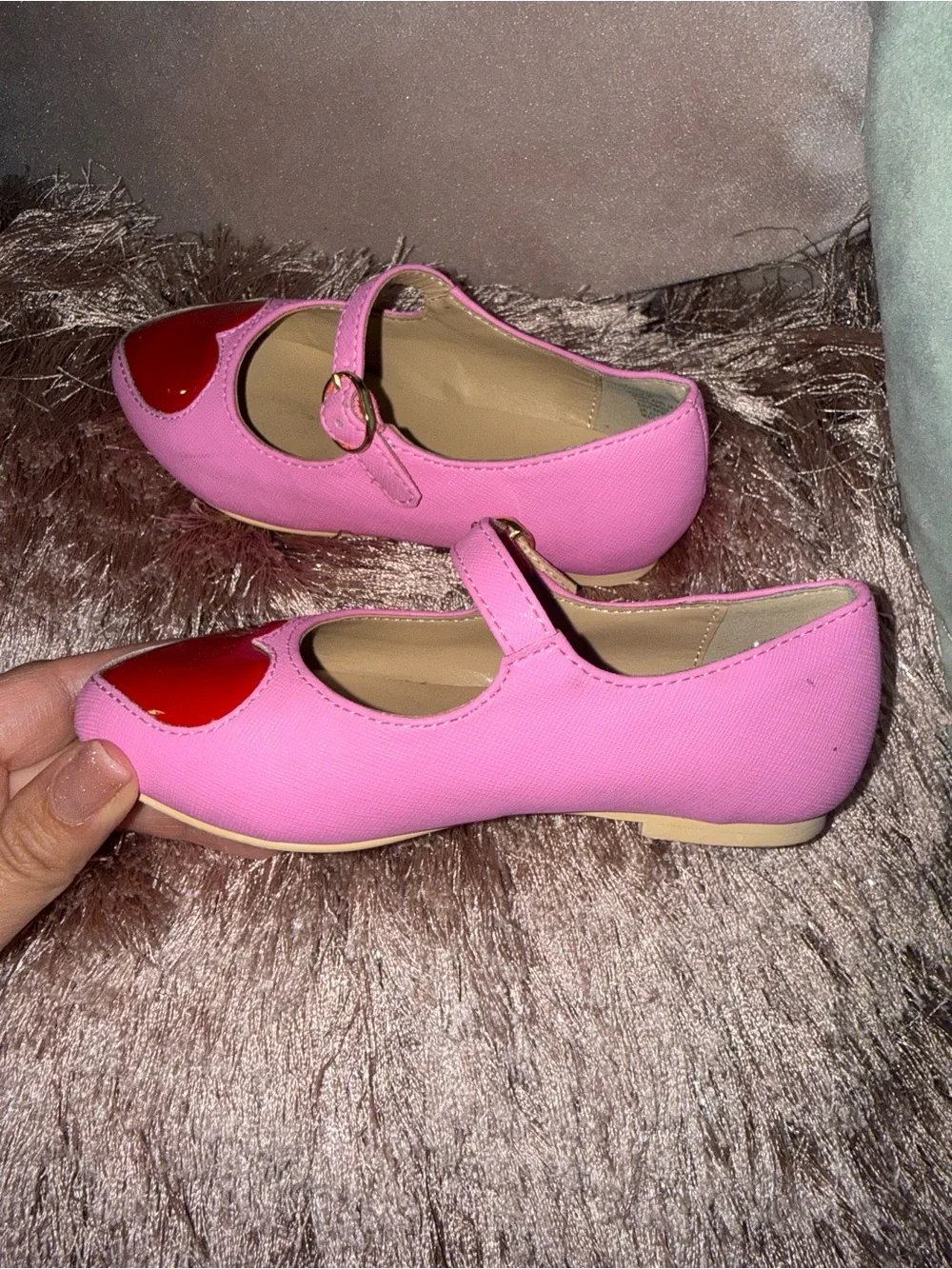 Janie and Jack Pink Mary Jane Flats with Red Heart Detail